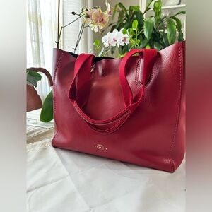 Coach Cherry Pebbled Leather Tote with Gold Tag